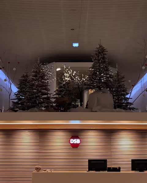 Juletræsopsætning med 5 juletræer installeret på DSB’s hovedkontor i København af Jagtgården Juletræer